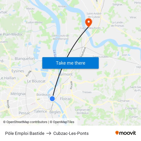 Pôle Emploi Bastide to Cubzac-Les-Ponts map