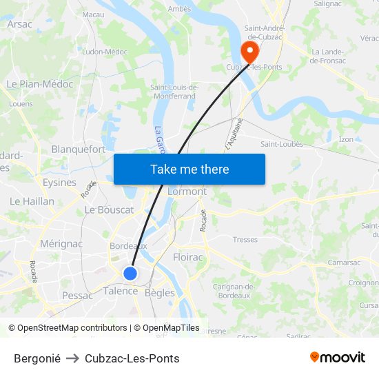 Bergonié to Cubzac-Les-Ponts map