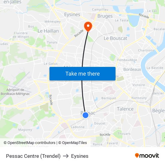 Pessac Centre (Trendel) to Eysines map
