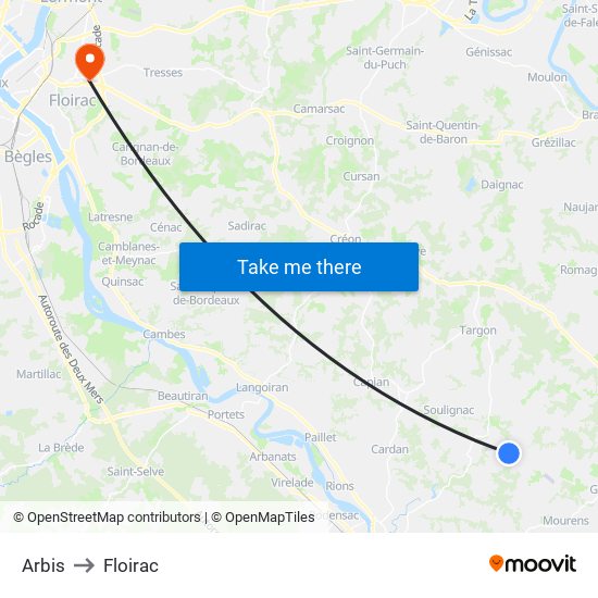 Arbis to Floirac map