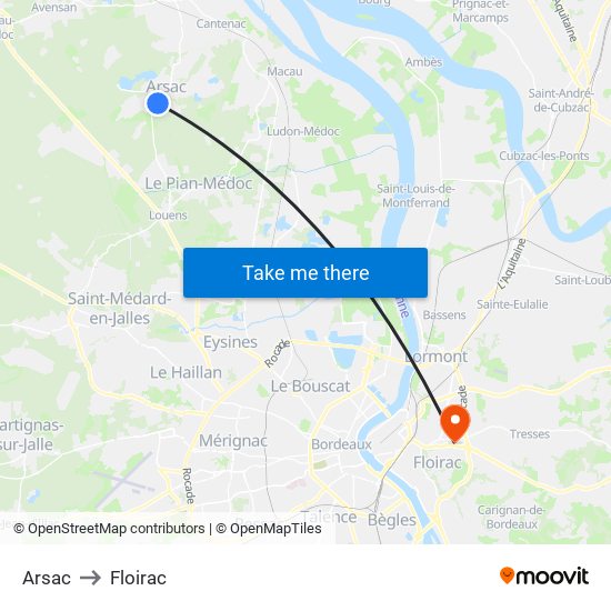 Arsac to Floirac map