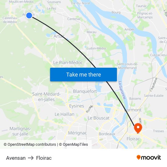 Avensan to Floirac map