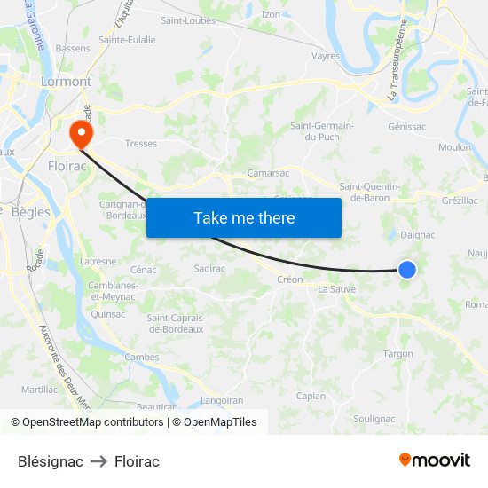Blésignac to Floirac map