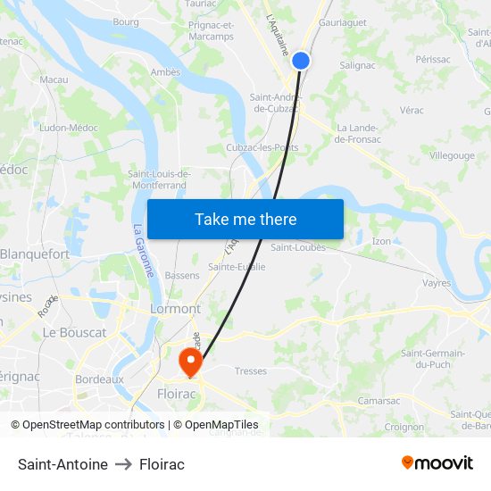 Saint-Antoine to Floirac map