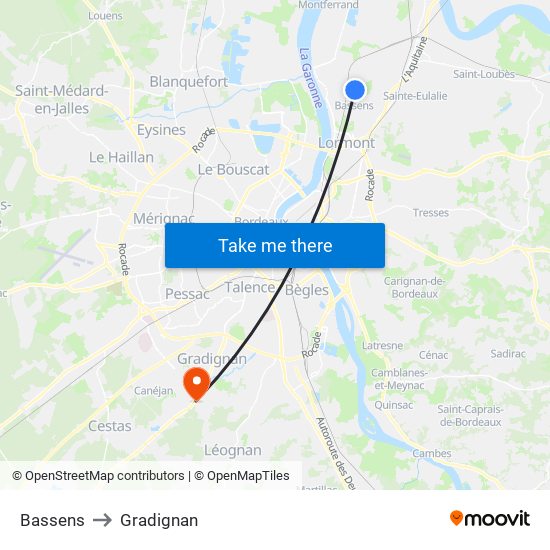 Bassens to Gradignan map