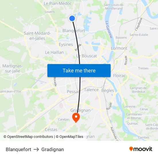 Blanquefort to Gradignan map