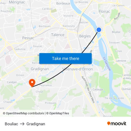 Bouliac to Gradignan map