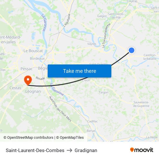 Saint-Laurent-Des-Combes to Gradignan map