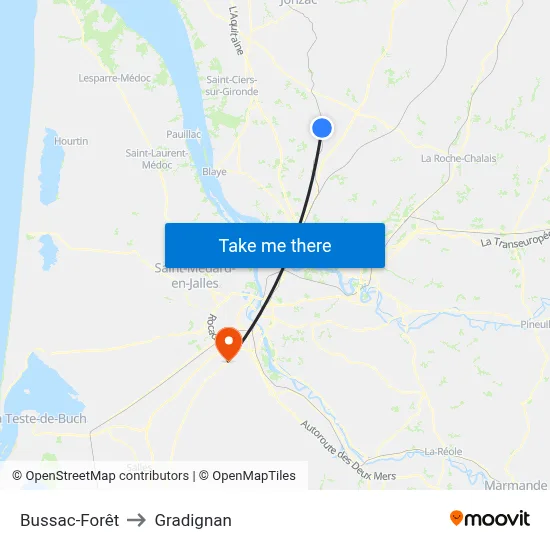 Bussac-Forêt to Gradignan map