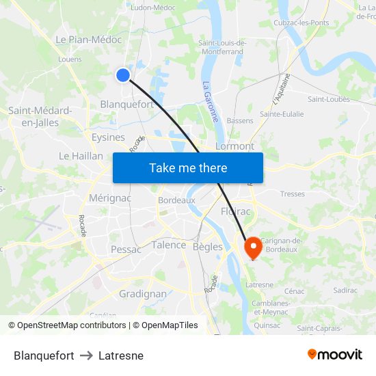 Blanquefort to Latresne map