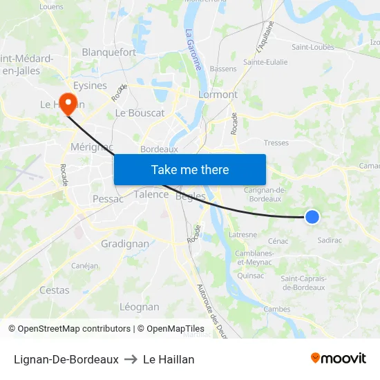 Lignan-De-Bordeaux to Le Haillan map