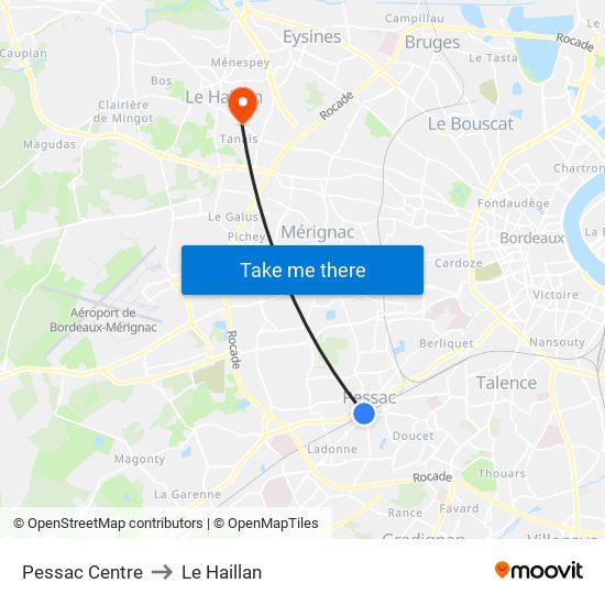 Pessac Centre to Le Haillan map