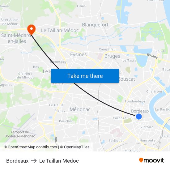 Bordeaux to Le Taillan-Medoc map