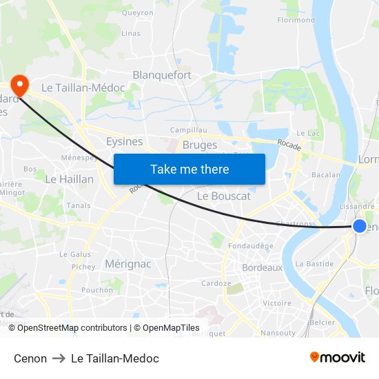 Cenon to Le Taillan-Medoc map