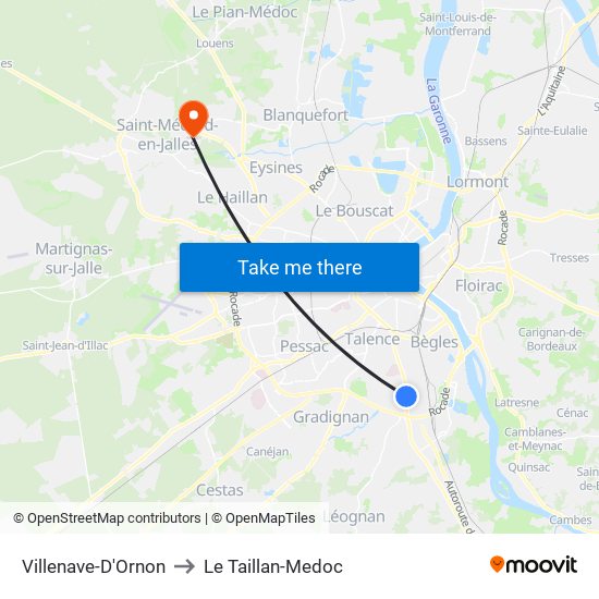 Villenave-D'Ornon to Le Taillan-Medoc map