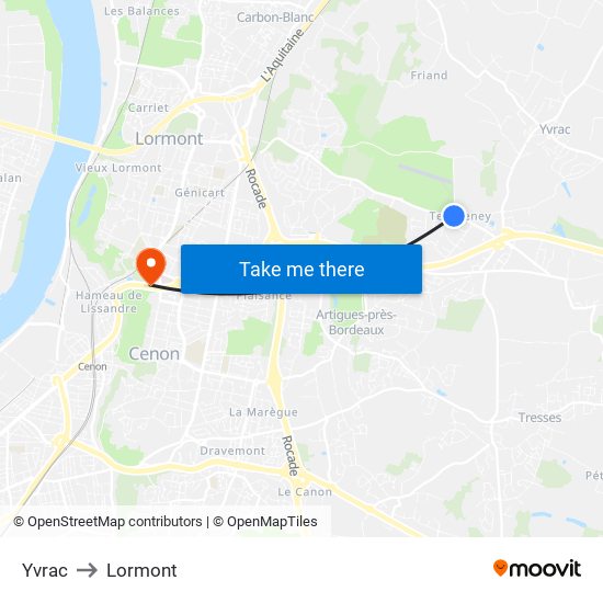 Yvrac to Lormont map