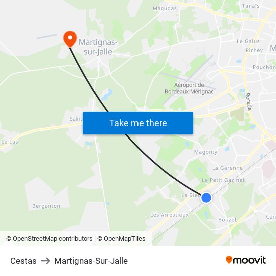 Cestas to Martignas-Sur-Jalle map