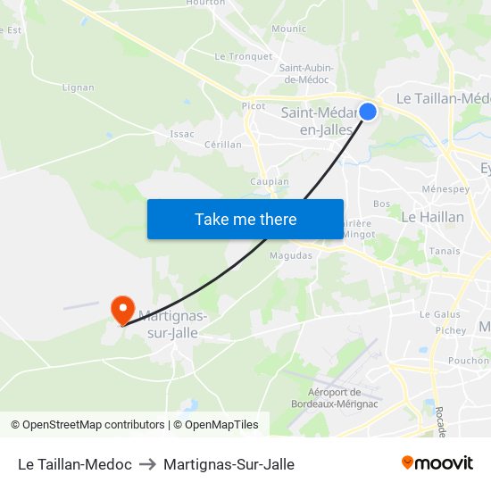 Le Taillan-Medoc to Martignas-Sur-Jalle map