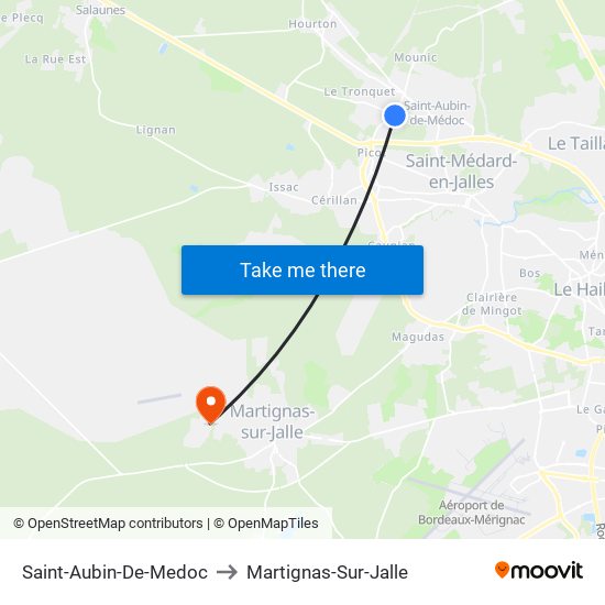 Saint-Aubin-De-Medoc to Martignas-Sur-Jalle map