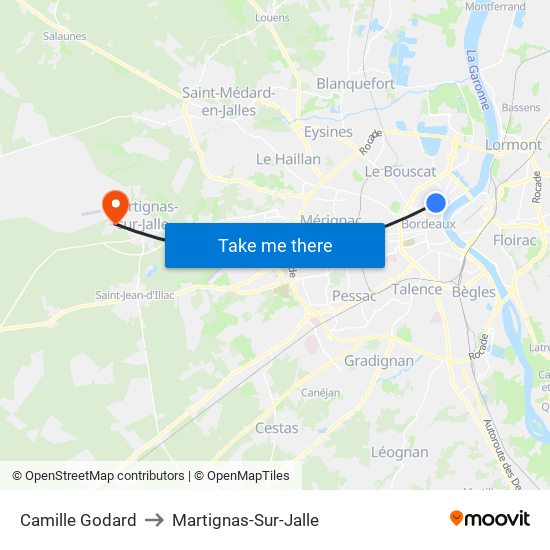 Camille Godard to Martignas-Sur-Jalle map