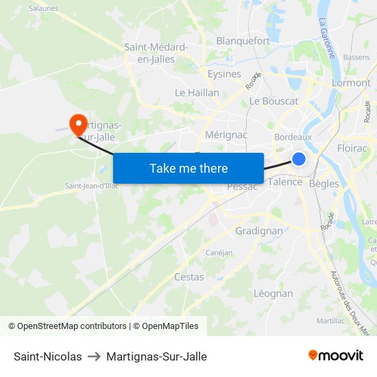 Saint-Nicolas to Martignas-Sur-Jalle map