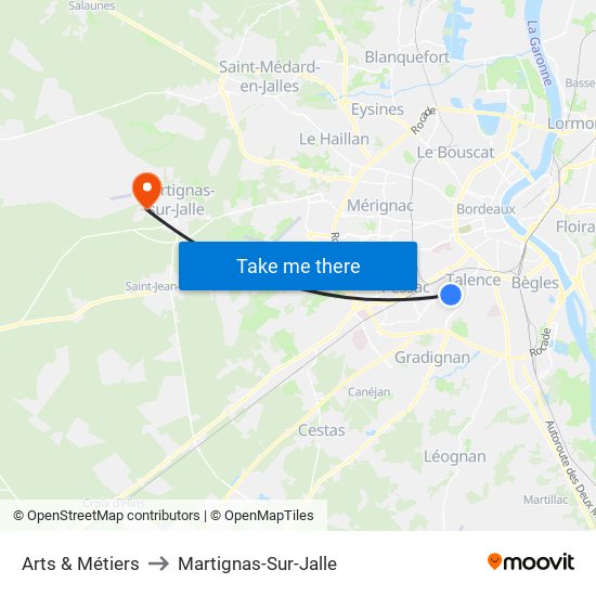 Arts & Métiers to Martignas-Sur-Jalle map