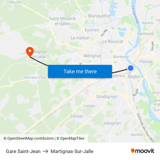 Gare Saint-Jean to Martignas-Sur-Jalle map