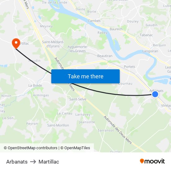 Arbanats to Martillac map