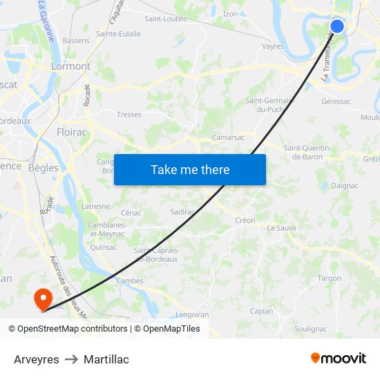 Arveyres to Martillac map