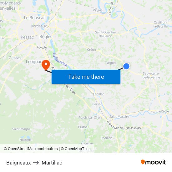 Baigneaux to Martillac map