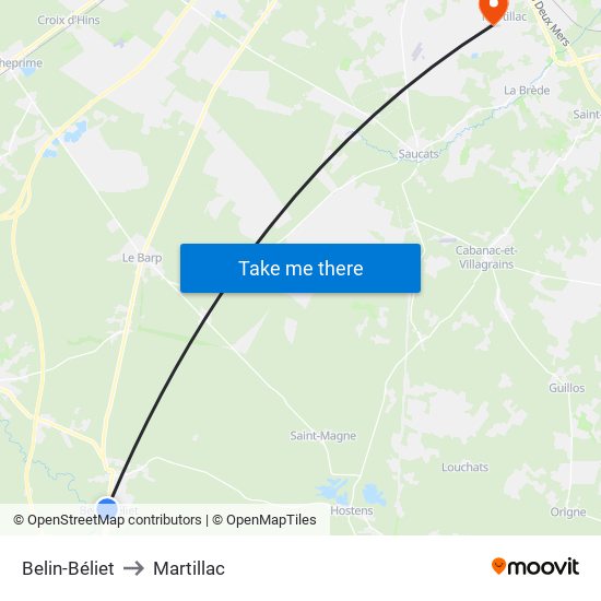 Belin-Béliet to Martillac map