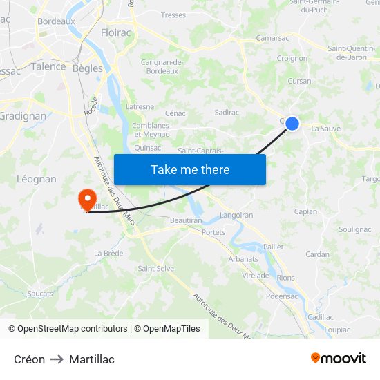 Créon to Martillac map
