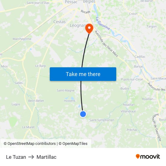 Le Tuzan to Martillac map