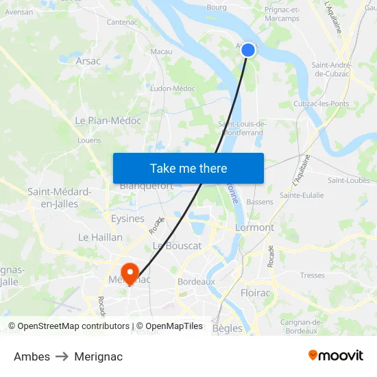 Ambes to Merignac map