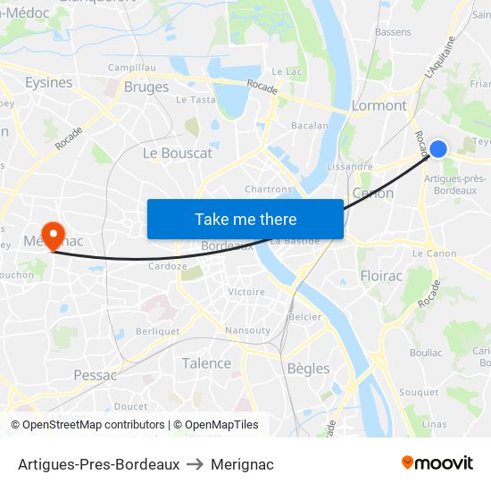 Artigues-Pres-Bordeaux to Merignac map