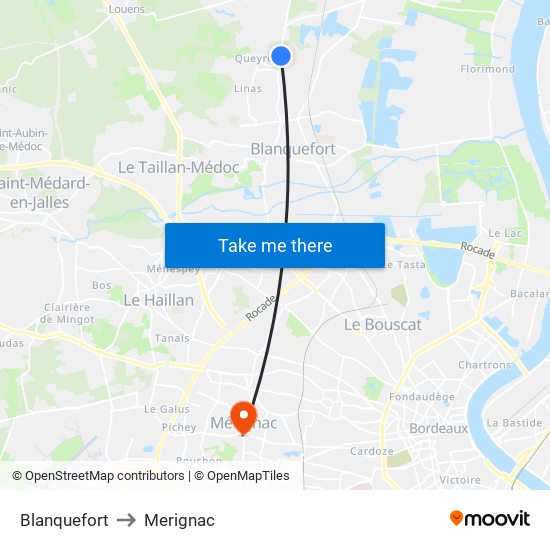 Blanquefort to Merignac map