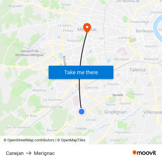 Canejan to Merignac map