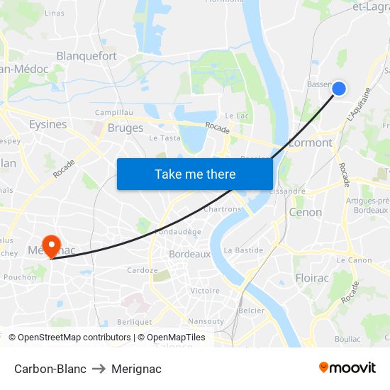 Carbon-Blanc to Merignac map