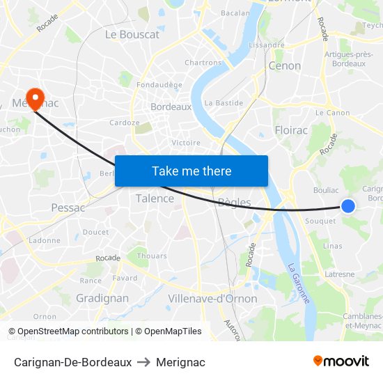 Carignan-De-Bordeaux to Merignac map