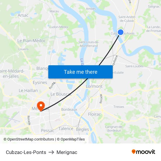 Cubzac-Les-Ponts to Merignac map