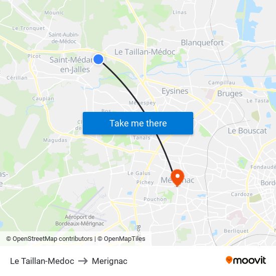 Le Taillan-Medoc to Merignac map