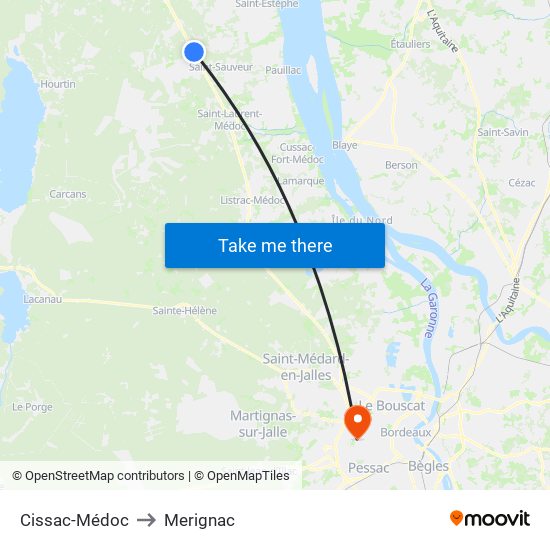Cissac-Médoc to Merignac map