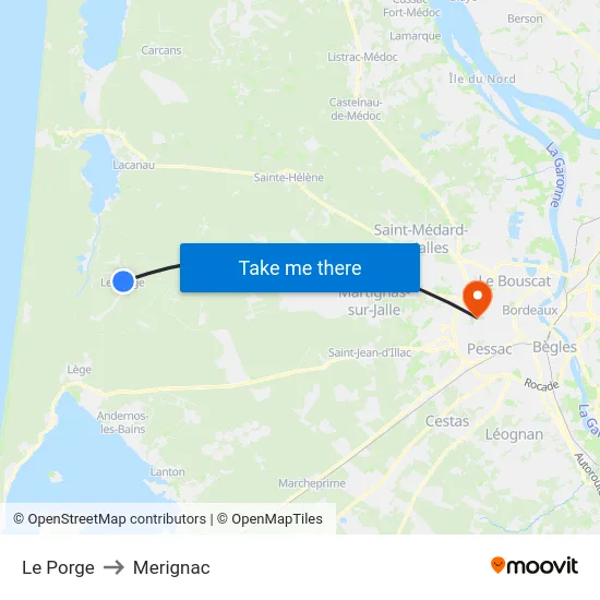 Le Porge to Merignac map