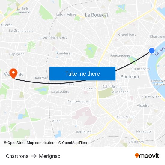 Chartrons to Merignac map
