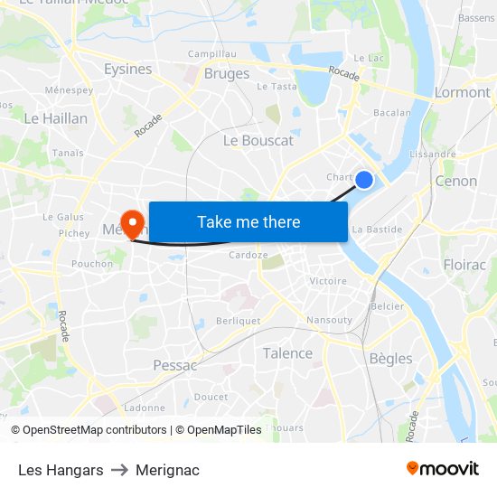 Les Hangars to Merignac map