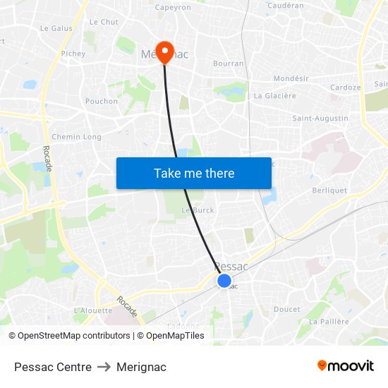Pessac Centre to Merignac map
