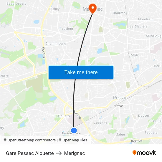Gare Pessac Alouette to Merignac map