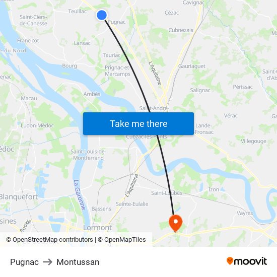 Pugnac to Montussan map