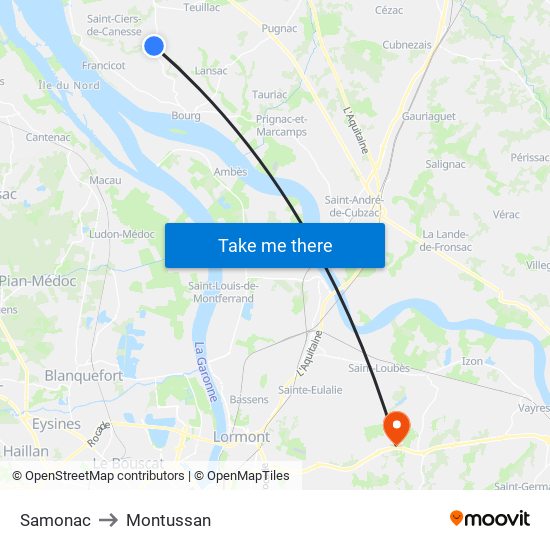 Samonac to Montussan map