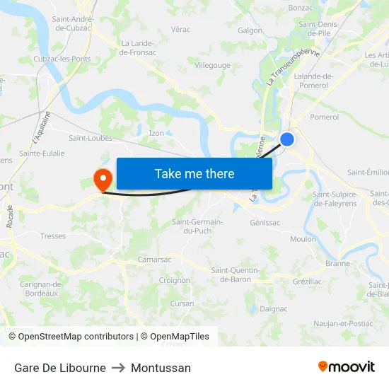 Gare De Libourne to Montussan map